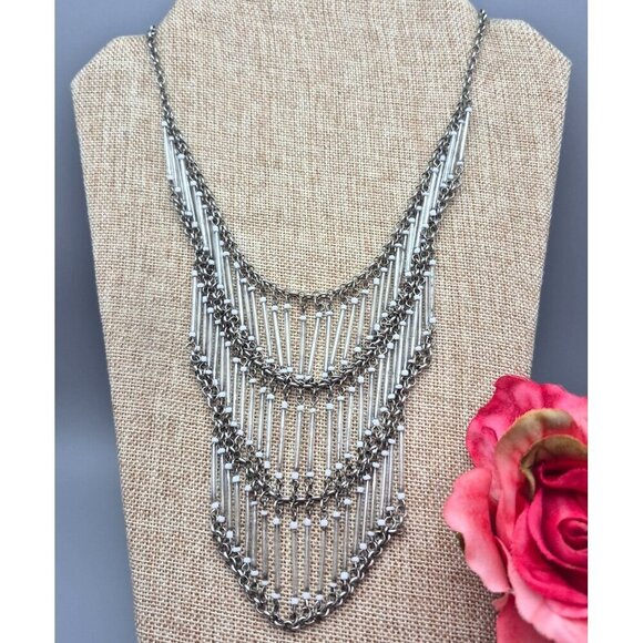 NY Signed Silver Tone Layered Cascade Statement Bib Collar Necklace 16" to 19" - Picture 1 of 6